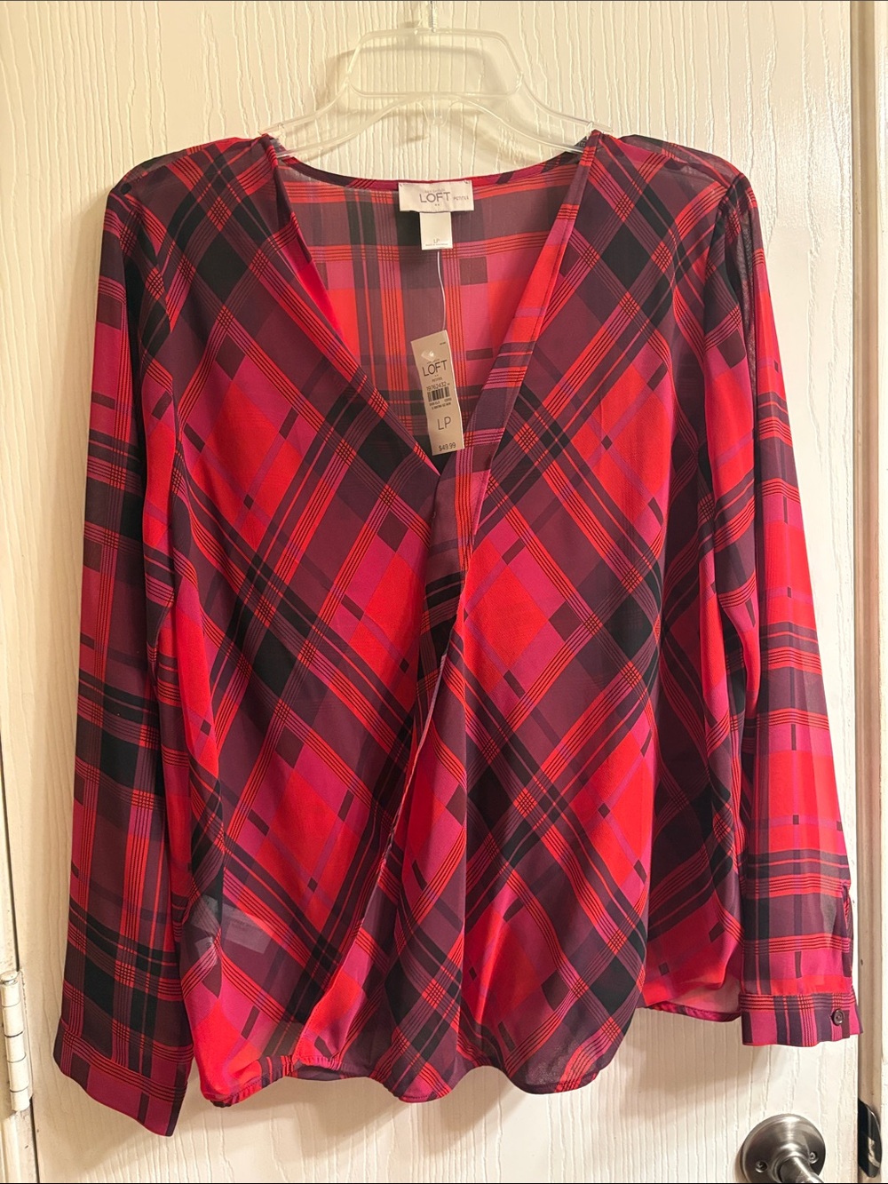 LOFT Red and Black Plaid Wrap-Style Women's Blouse